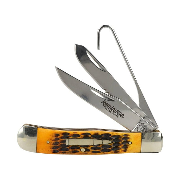 R15696 - Remington Bullet Knife - Waterfowler Multi-Blade Burnt Dark Amber Jigged Bone Handles